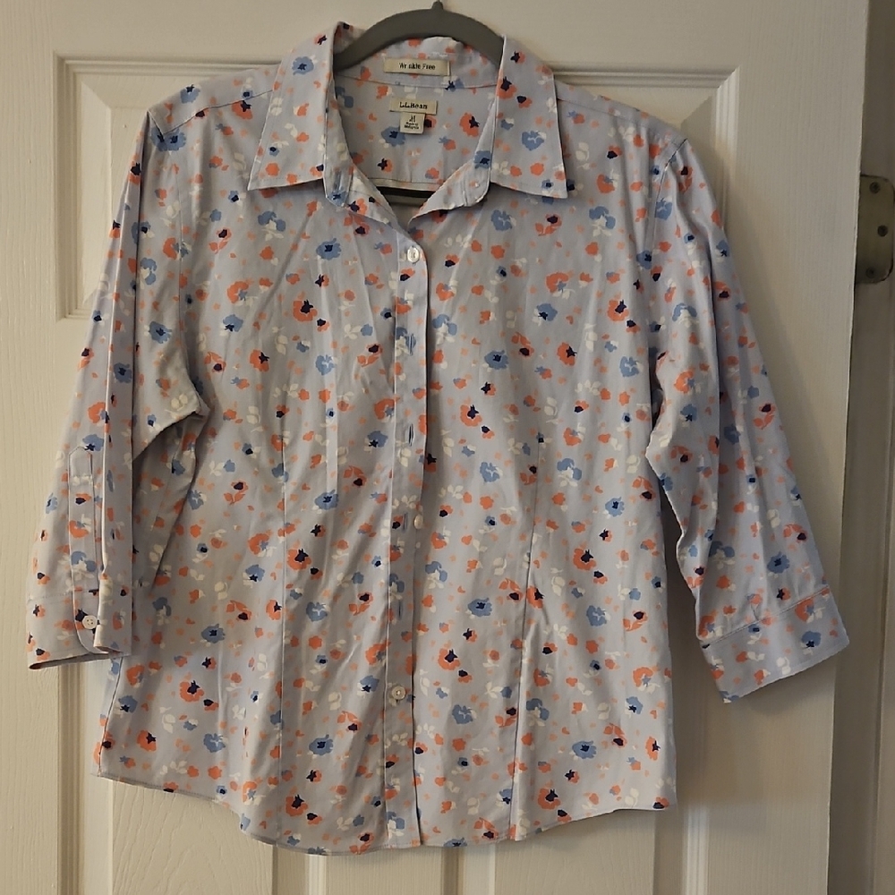 L.L. Bean Light Blue Floral Shirt with Orange and Navy Accents. Size M.